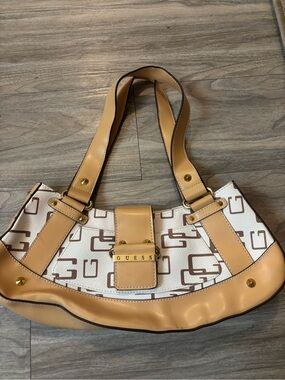 GUESS Tan and White Logo Hobo Shoulder Bag